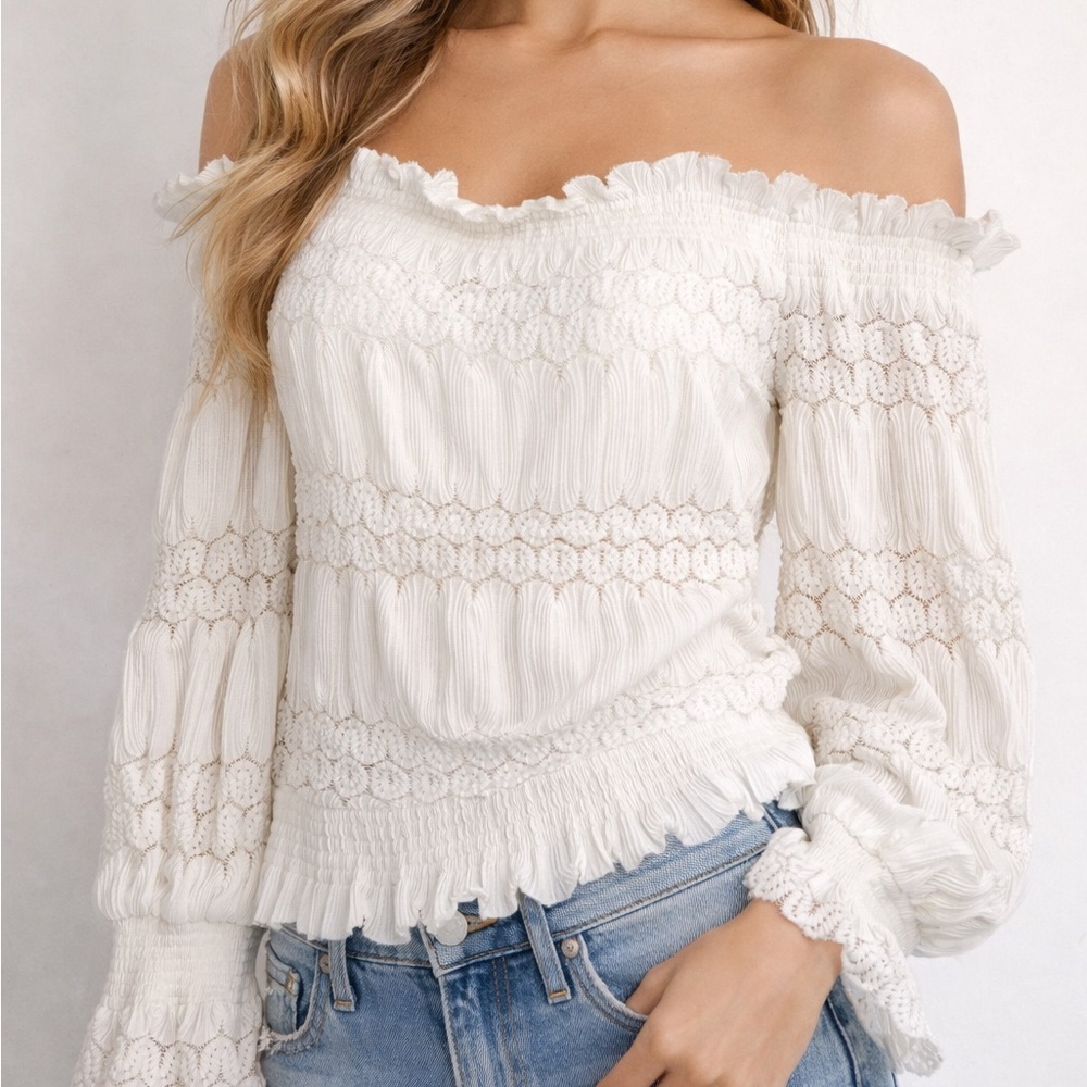 Anthro Deletta Womens Off Shoulder Ivory Lace Boho Blouse, Size Large